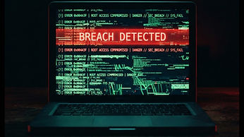 Extreme close-up of a laptop screen mid-intrusion, cascading code and a red breach warning bar glowing in a dark room