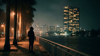 A dark hooded silhouette standing motionless at night on a palm-lined West Palm Beach boulevard, watching a lit condo tower from afar
