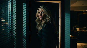 Paige glances fearfully over her shoulder in a dark condo hallway, city light striping through the blinds behind her