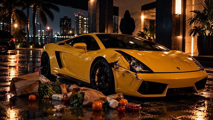 A damaged yellow Lamborghini Gallardo parked on a wet night street, groceries spilled across the pavement, a hooded figure standing in the shadows nearby