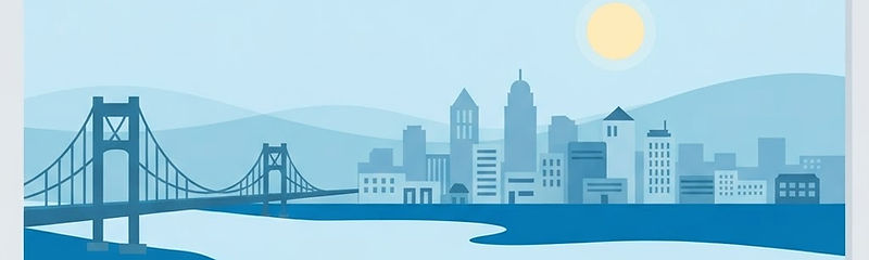 Illustrated city skyline with a bridge, hills, and a sun