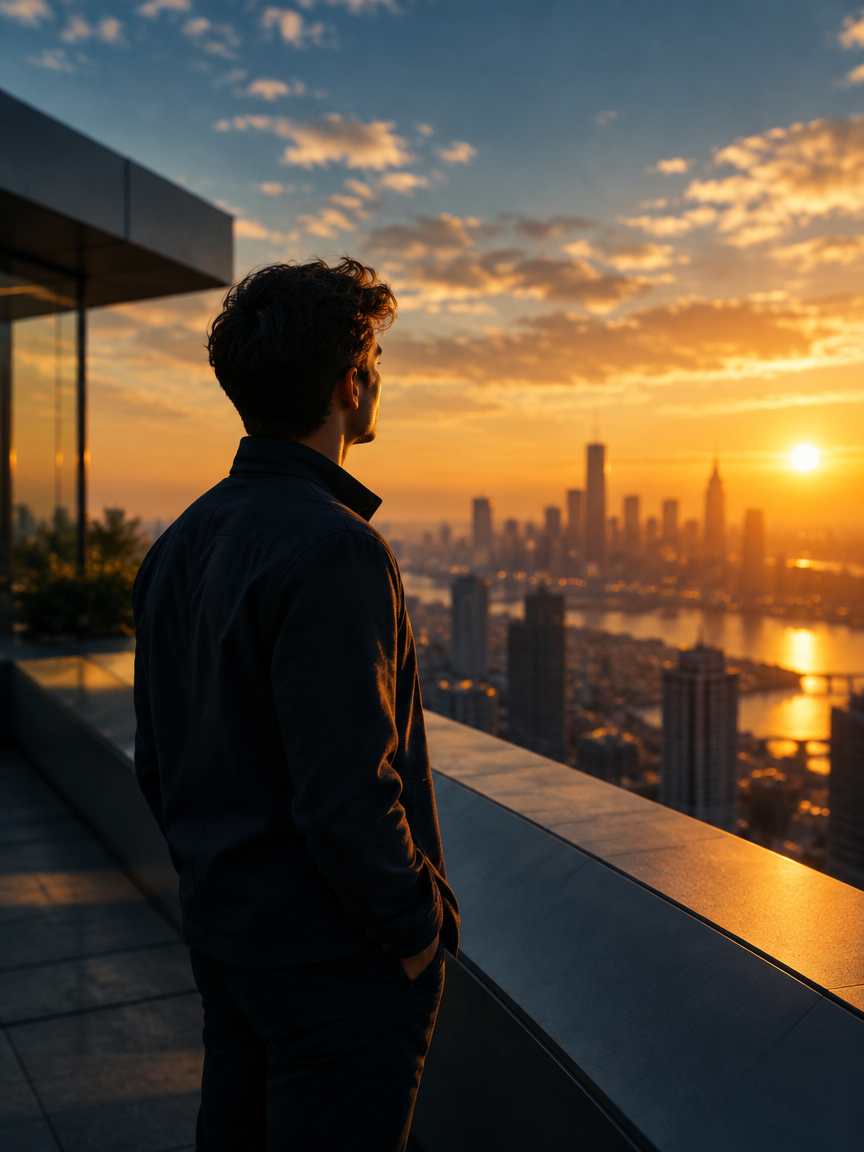 A young person looking out over a sunlit city skyline