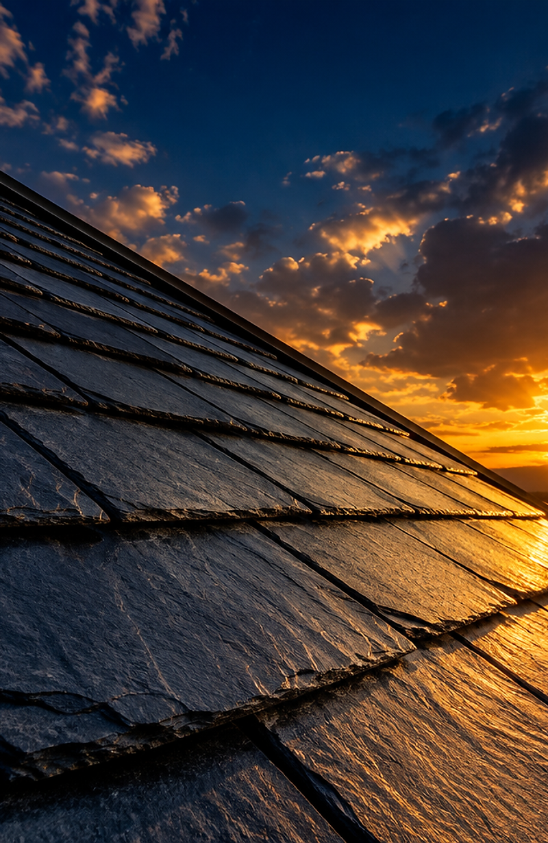 Premium slate roof at golden sunset