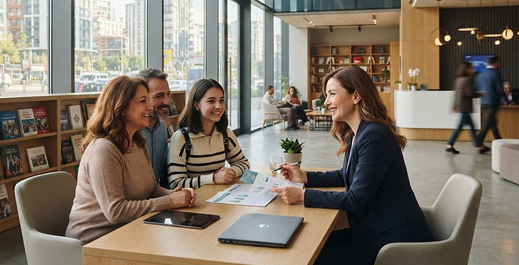 Yeni öğrenci kayıt döneminde danışmanla görüşen veli ve öğrenci