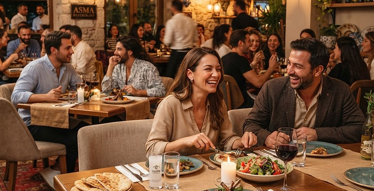 Modern bir restoranda dolu masalar ve şık sunumlu yemekler ile müşteri kazanımı konsepti
