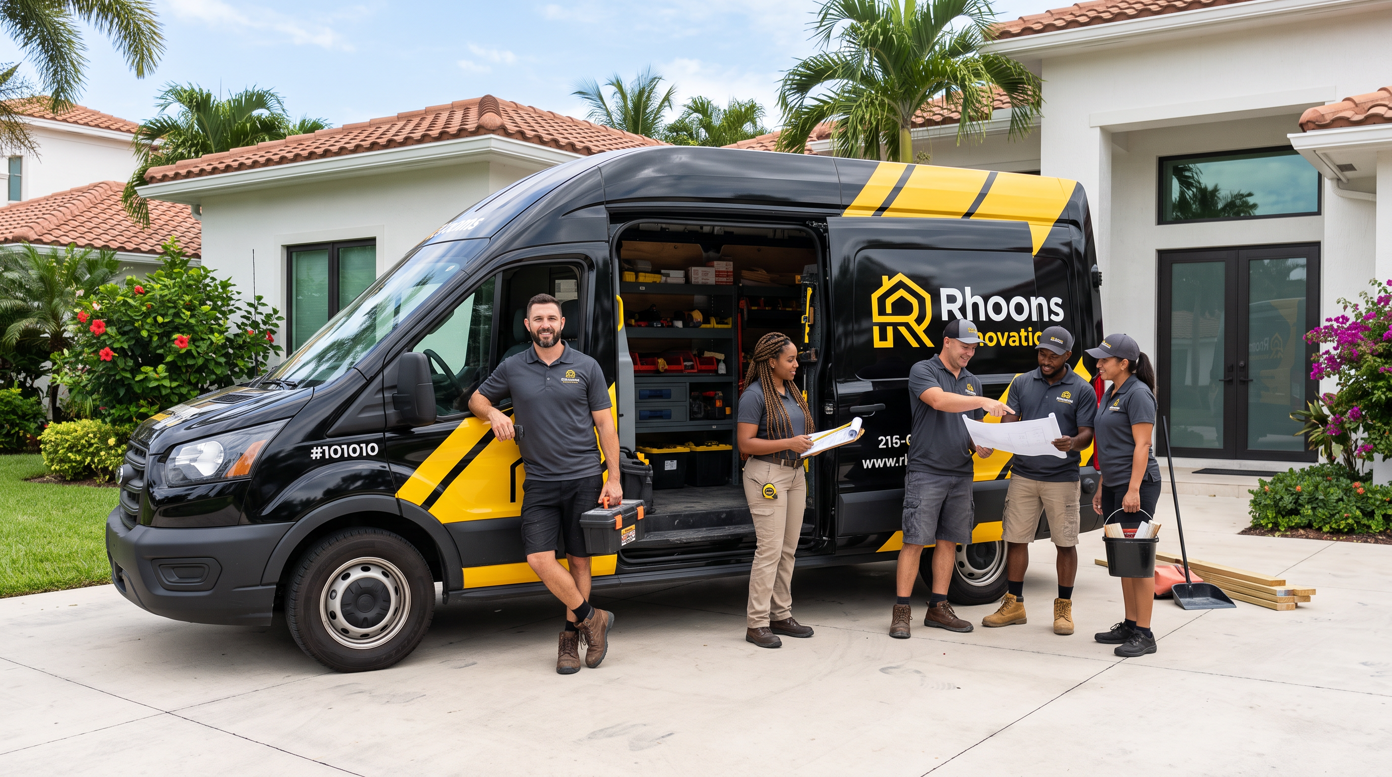 Rhooms Renovation crew with branded van in South Florida