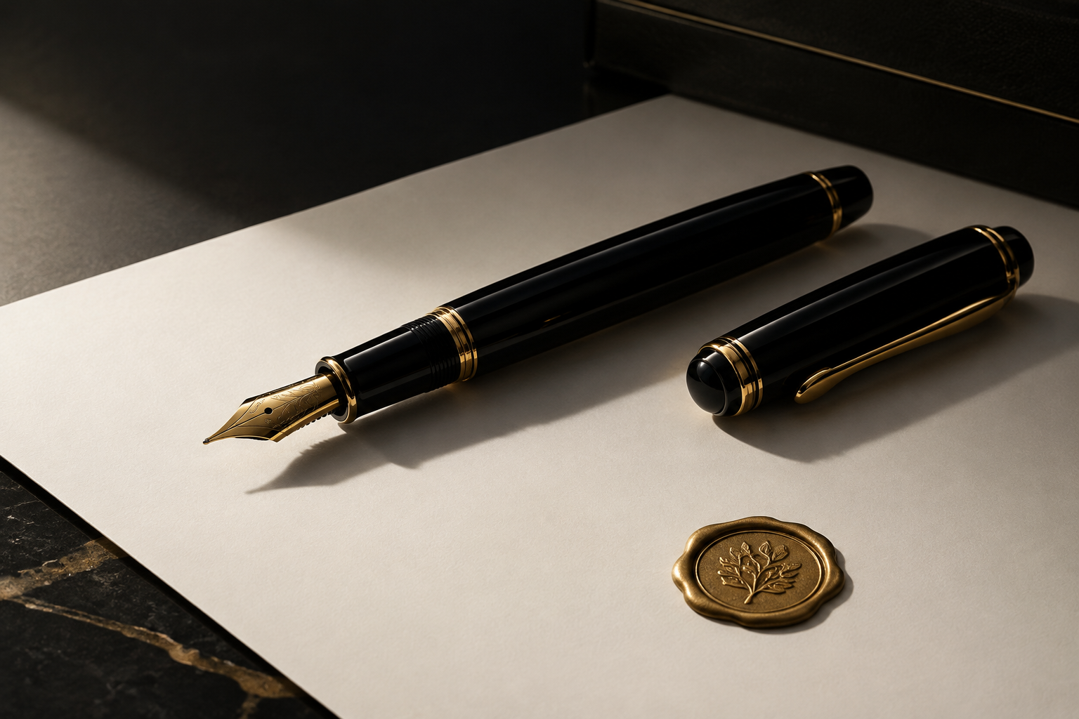 An elegant fountain pen resting on a clean white surface