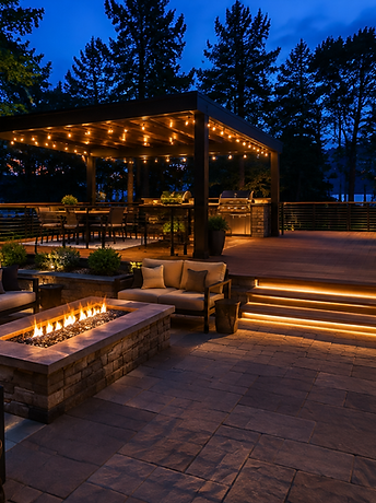 Patio and deck with warm lighting
