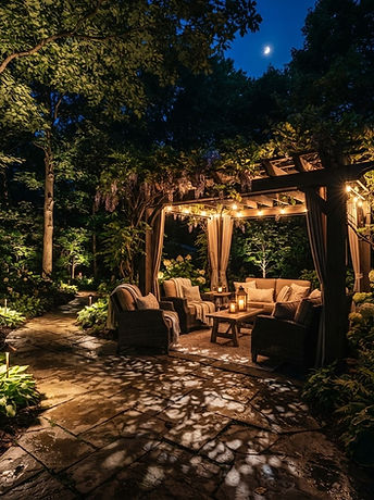 Pergola with bistro string lights at night