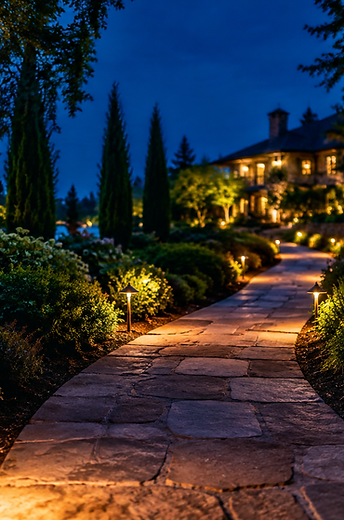 Garden pathway illuminated at night with warm path lights