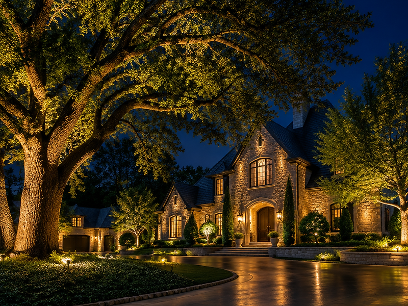 Illuminated estate at night with warm landscape lighting