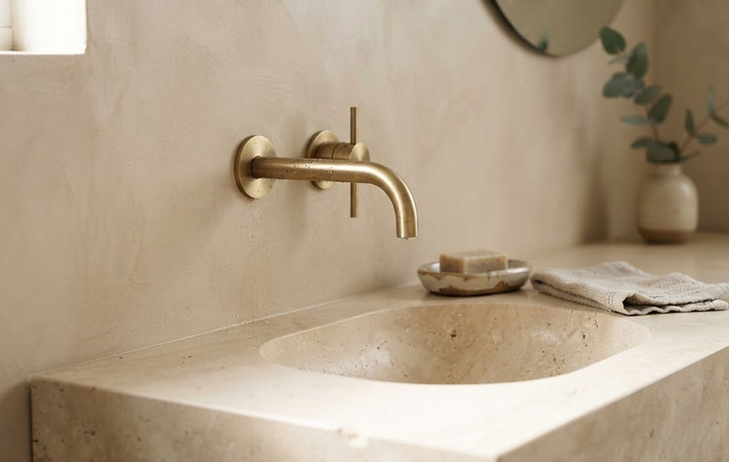 Brushed brass tapware over a honed limestone vanity in a modern Queensland home