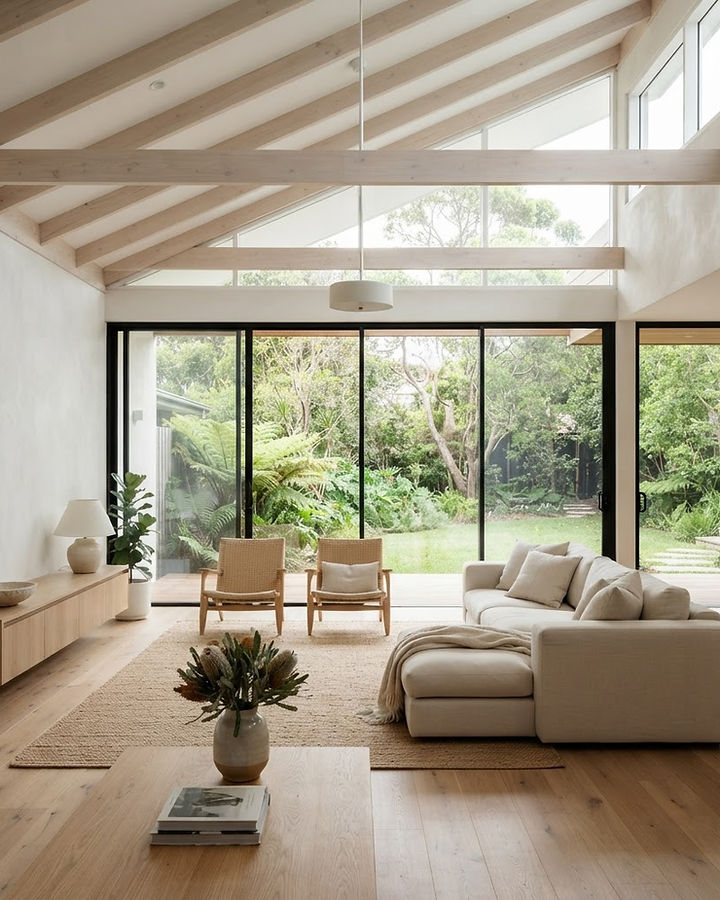 Bright living space in a modern Queensland home with raked ceilings and timber floors