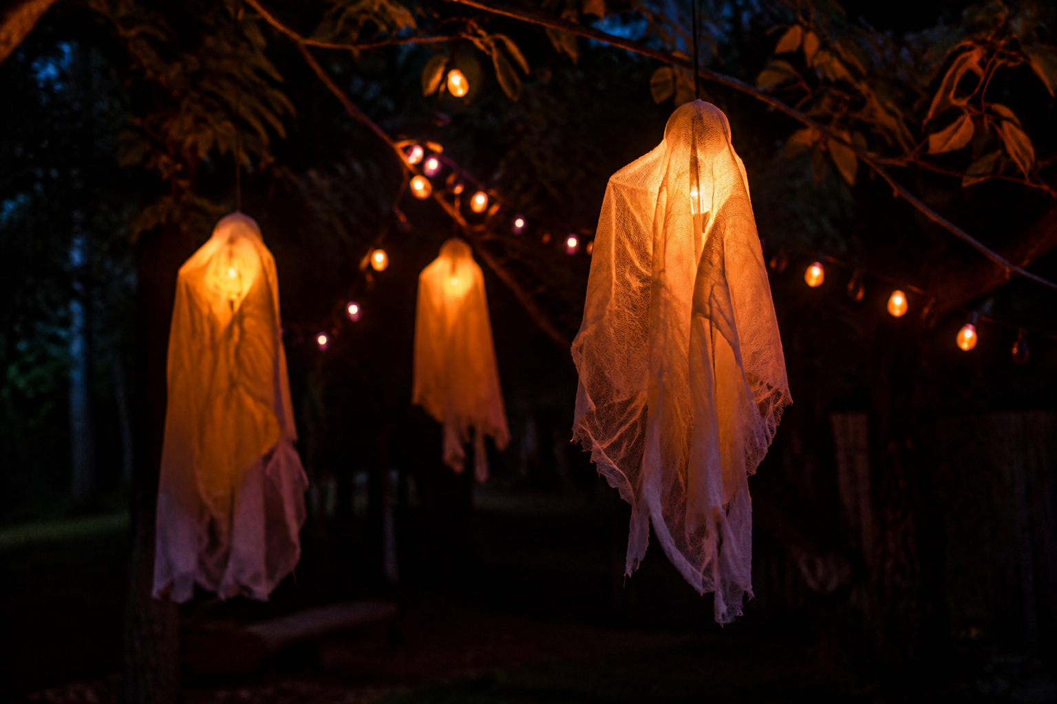 34. Hanging Ghosts from Trees - backyard Halloween party idea