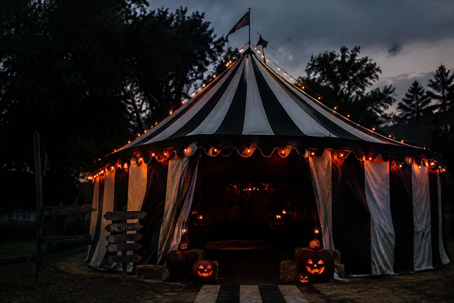 58. Black & White Striped Spooky Tent - backyard Halloween party idea