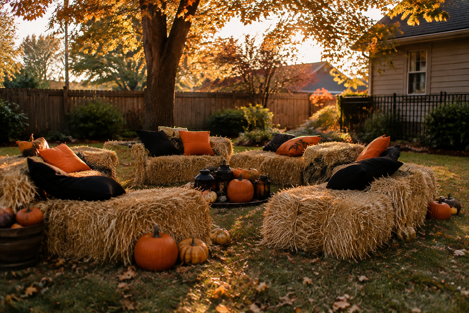 11. Hay Bale Seating Area - backyard Halloween party idea
