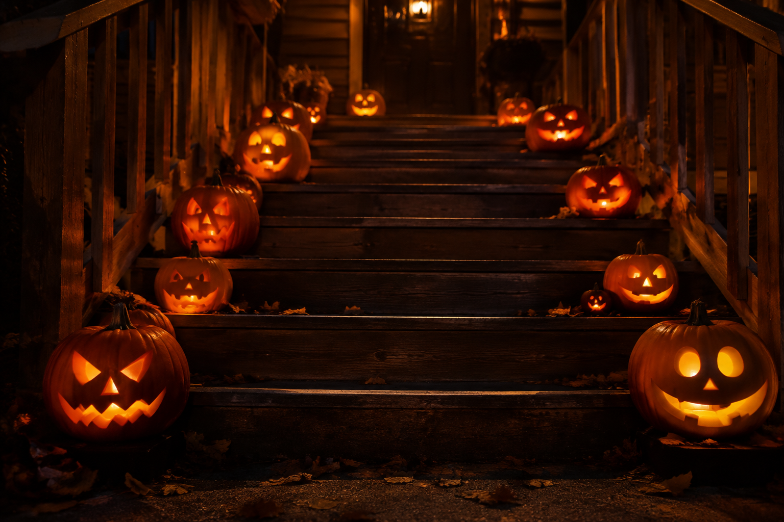 9. Jack-o-Lantern Staircase Line - backyard Halloween party idea
