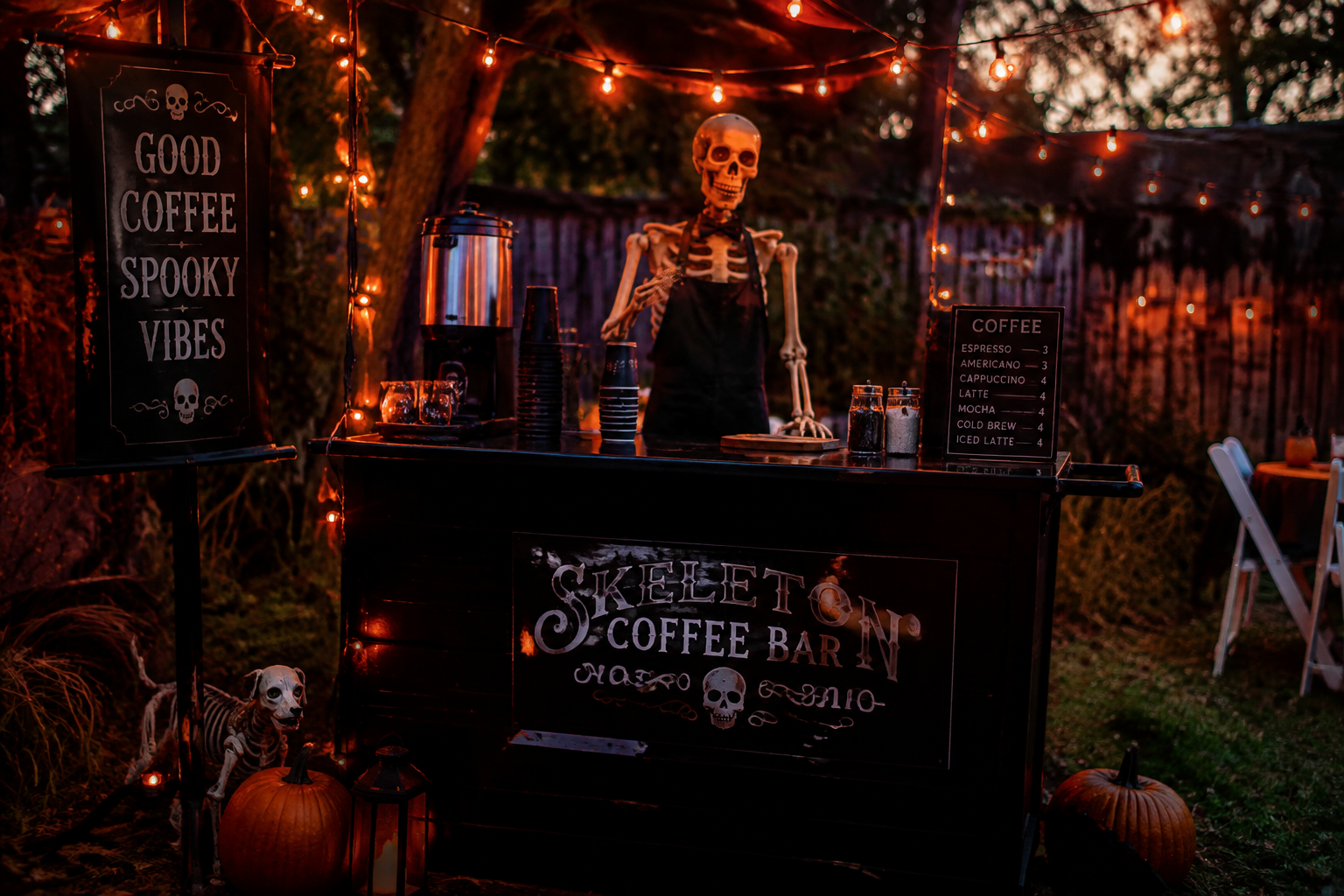 54. Skeleton Barista Bar - backyard Halloween party idea
