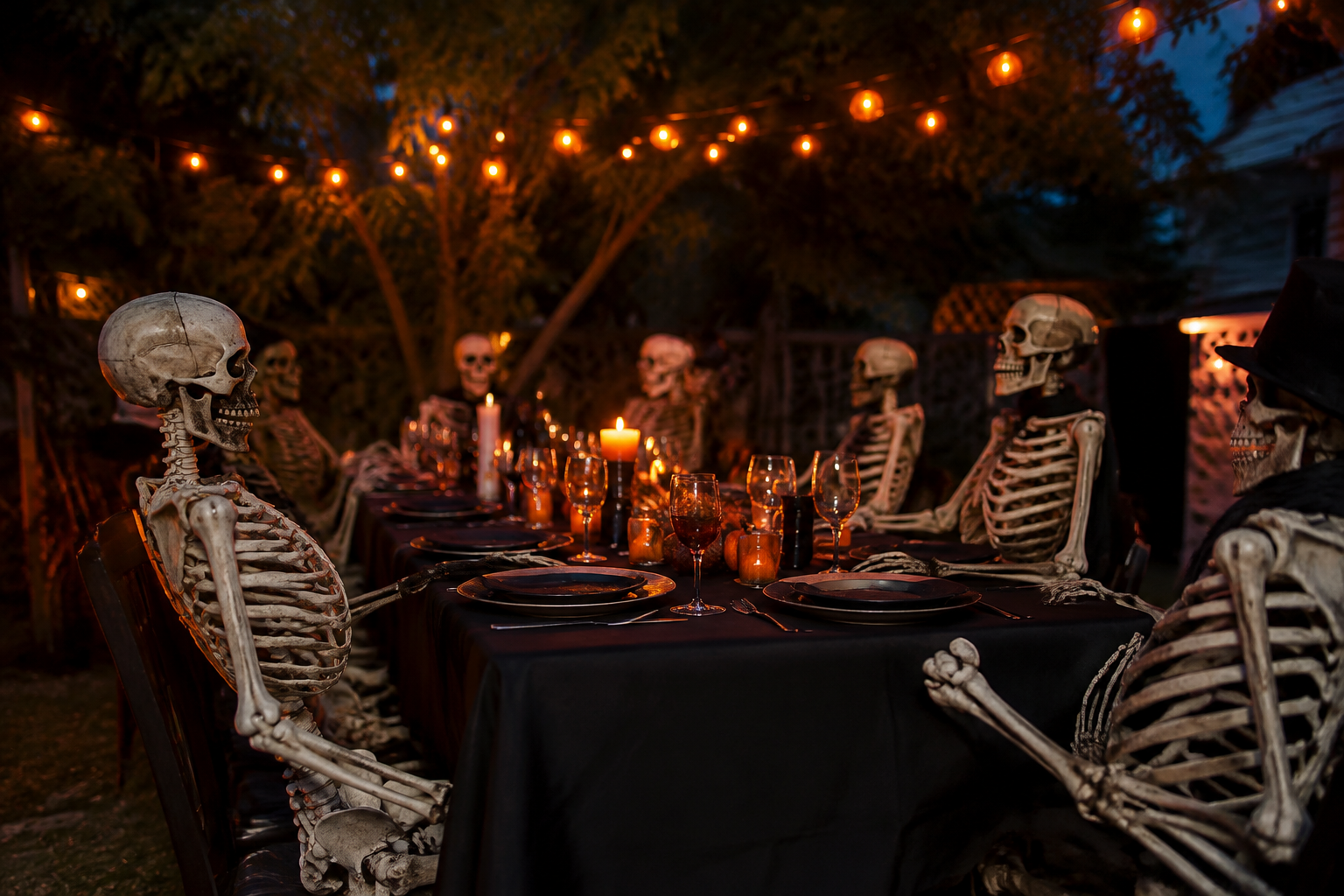 42. Skeleton Dinner Party Table - backyard Halloween party idea