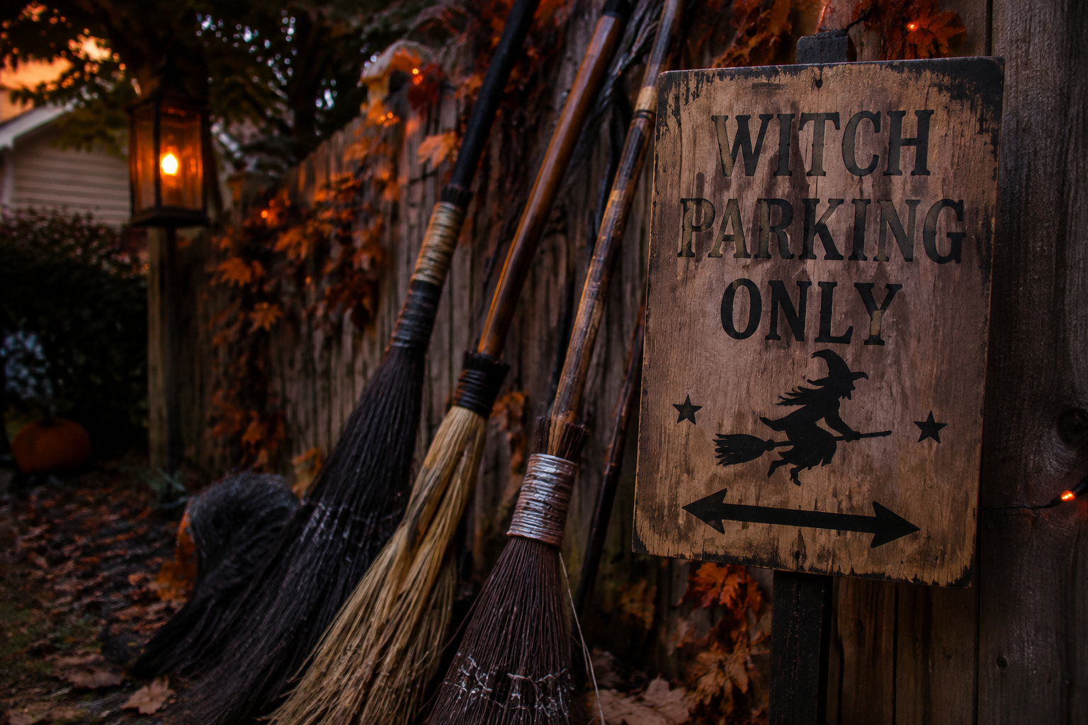 45. Witch's Broom Parking Sign - backyard Halloween party idea