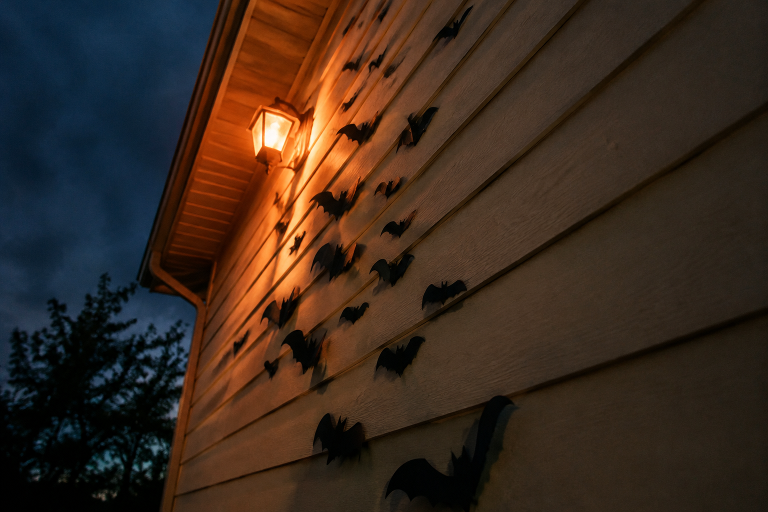 29. Bat Swarm on the House Wall - backyard Halloween party idea