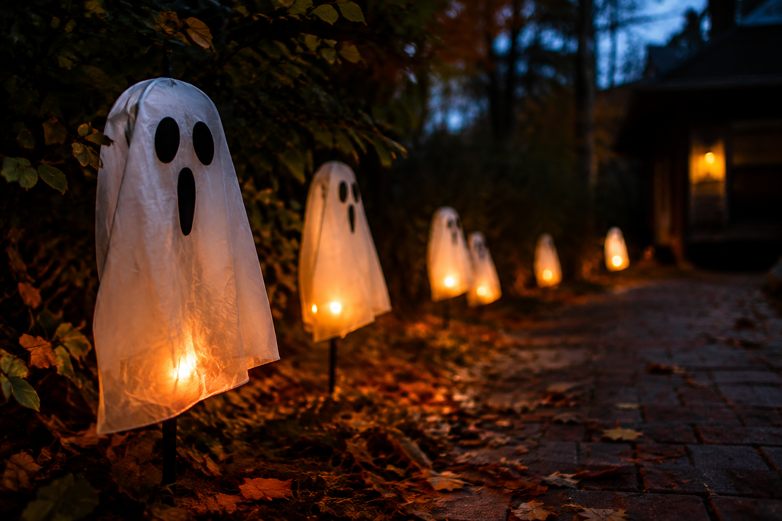 28. Ghost Lantern Walkway - backyard Halloween party idea