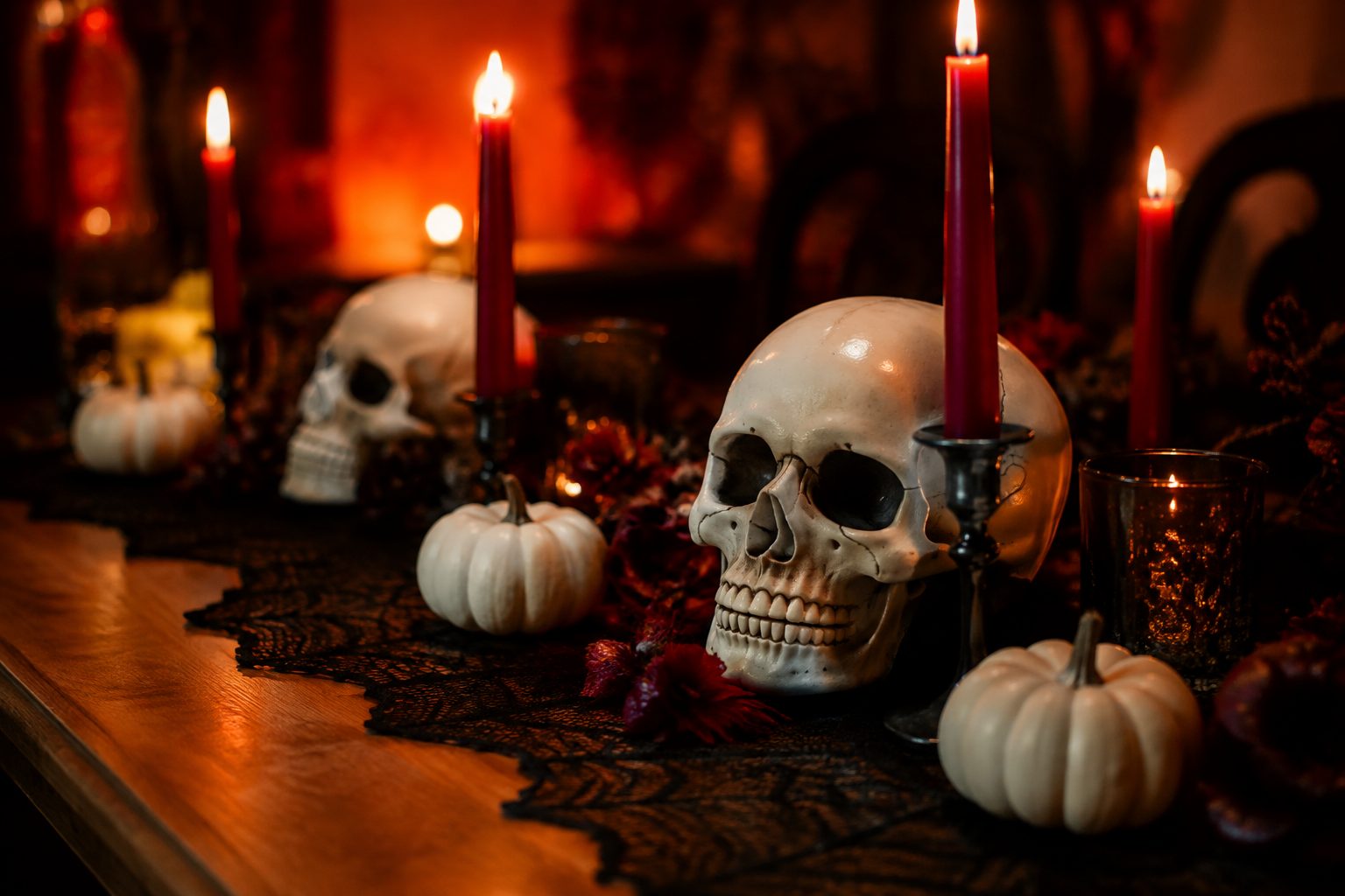 15. Black Lace Table Runner - backyard Halloween party idea