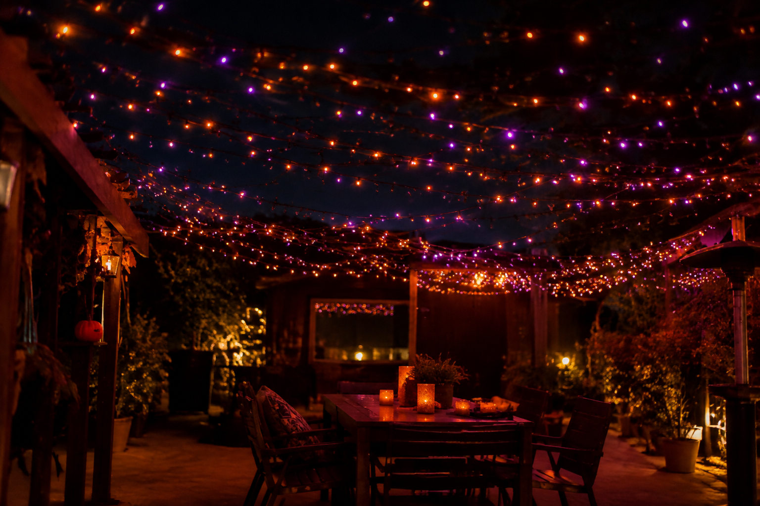10. Halloween String Light Canopy - backyard Halloween party idea
