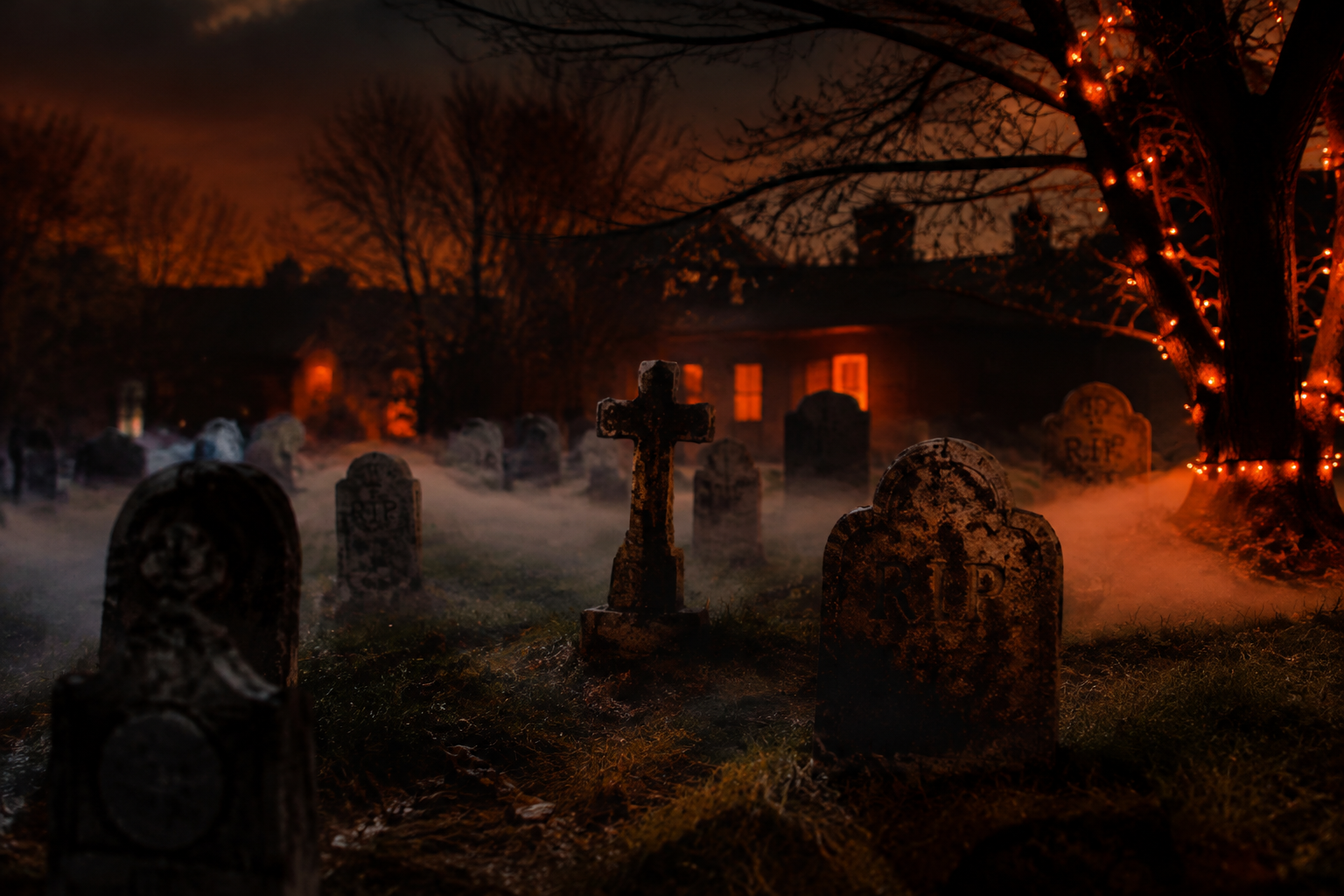 1. Spooky Graveyard Cemetery Scene - backyard Halloween party idea