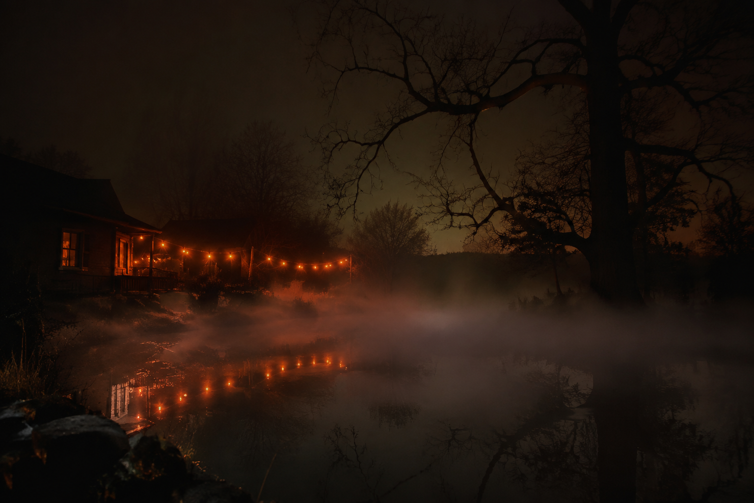 47. Spooky Foggy Pond Scene - backyard Halloween party idea
