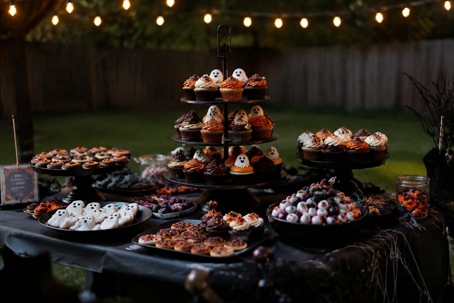 55. Halloween Dessert Buffet Table - backyard Halloween party idea