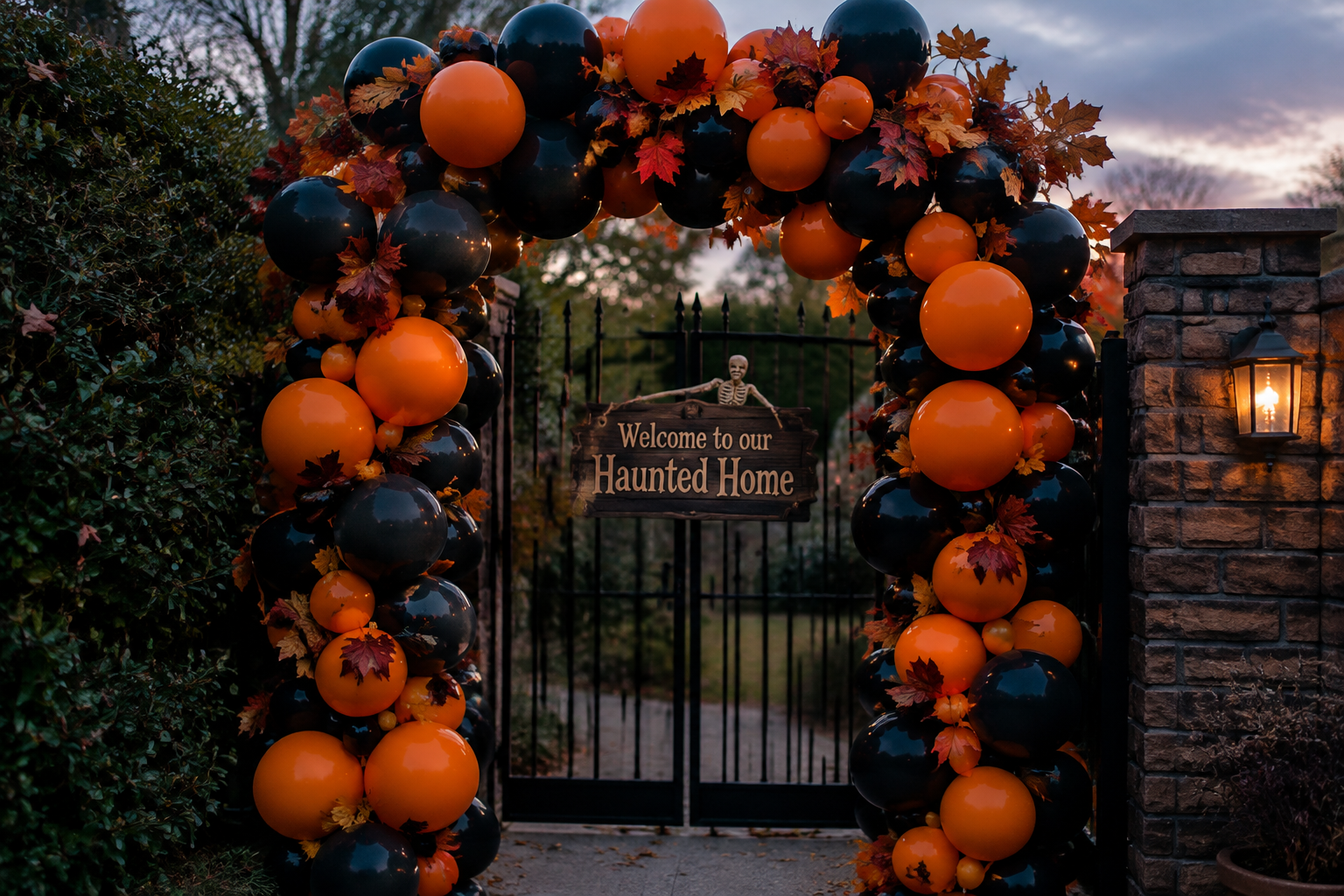 6. Black & Orange Balloon Arch - backyard Halloween party idea