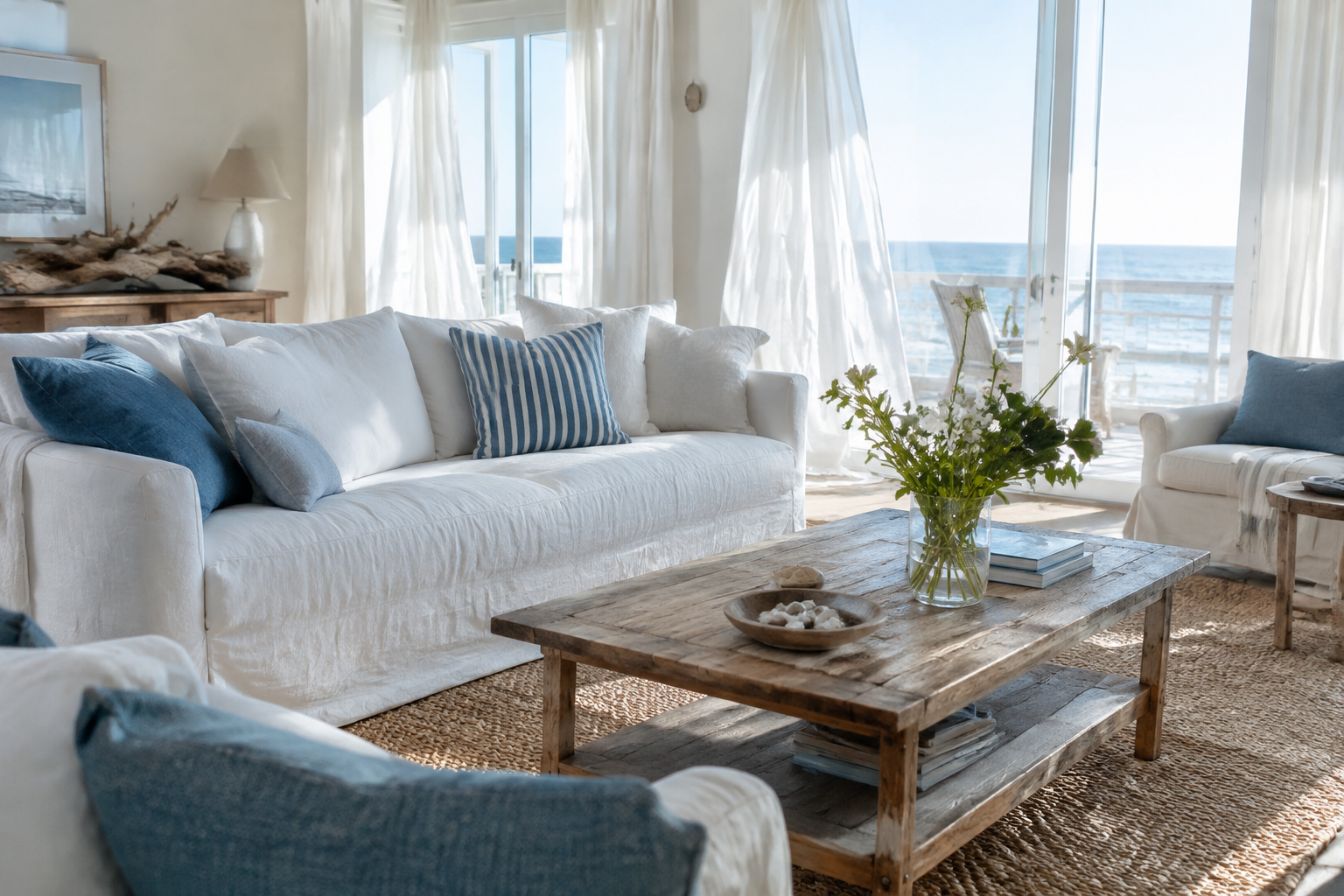 Coastal living room with white and blue palette and linen sofa