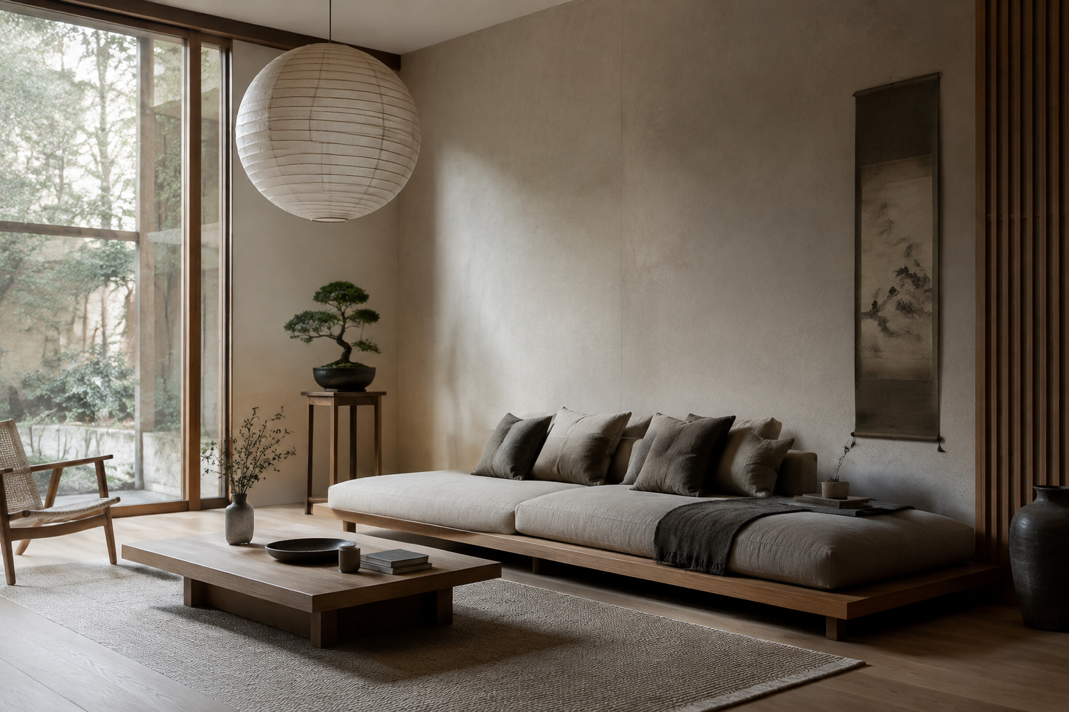 Japandi living room with low wooden sofa and paper lantern