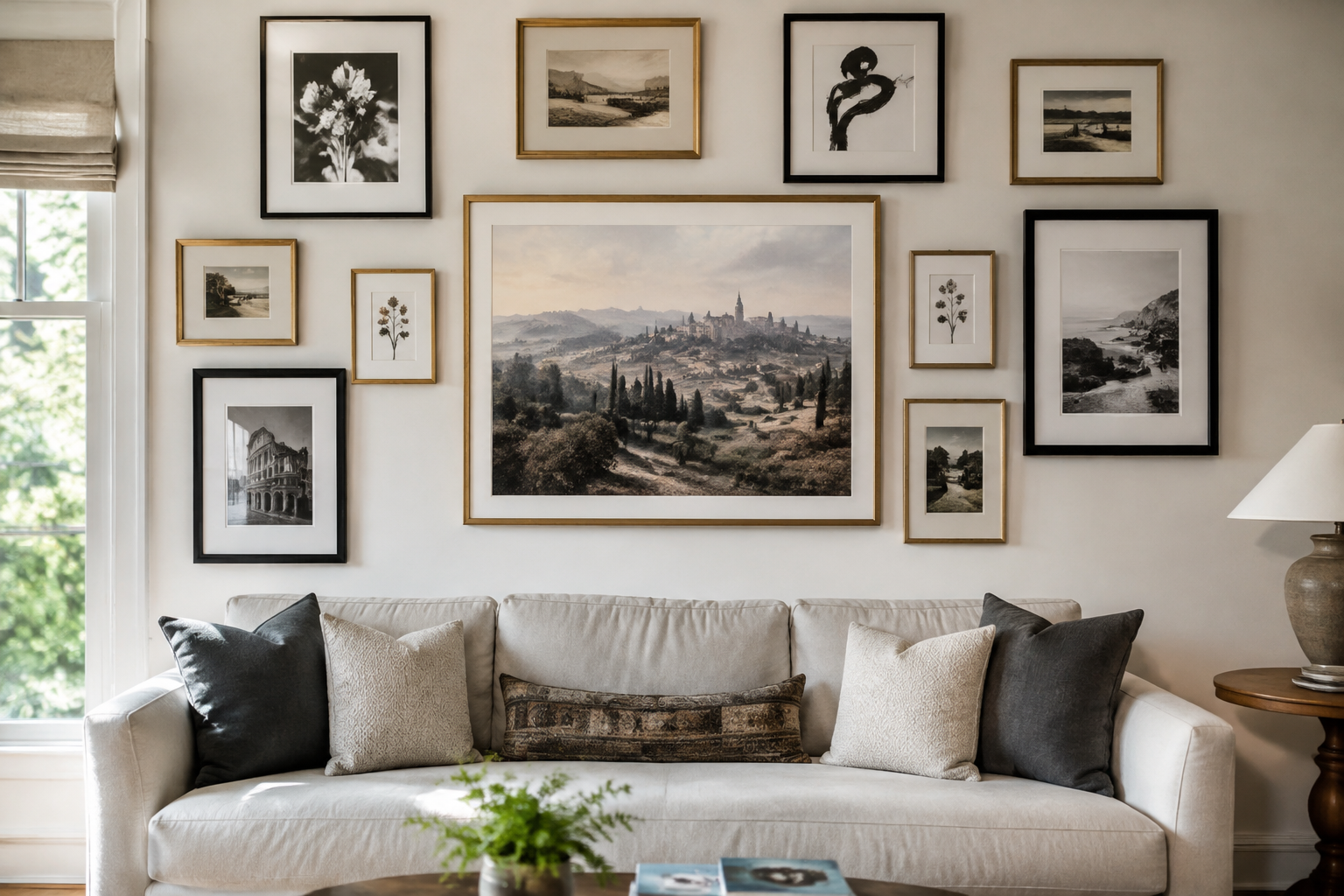 Living room with a gallery wall of framed art above sofa