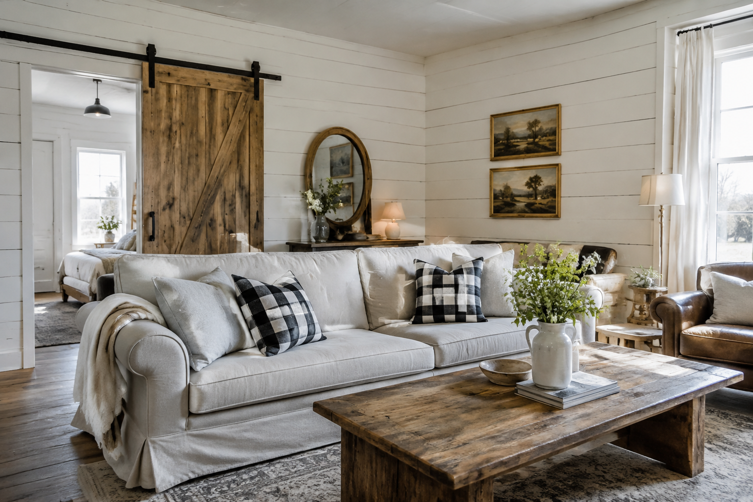 Modern farmhouse living room with shiplap walls and barn door