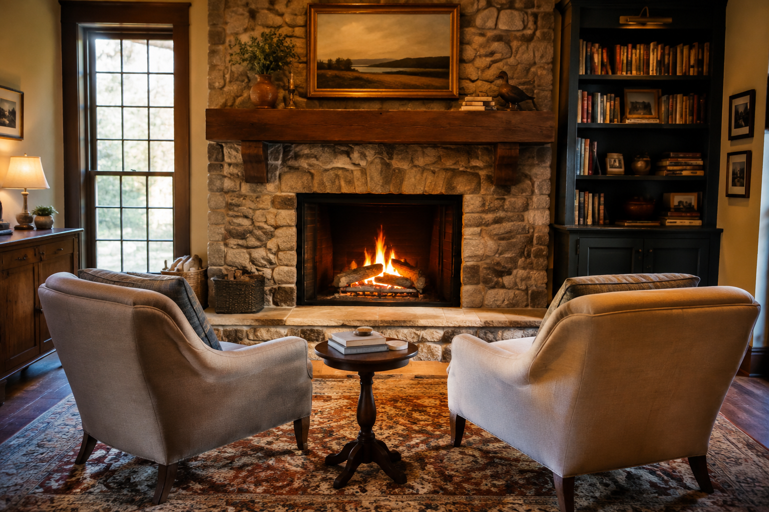Cozy living room with stone fireplace and two armchairs