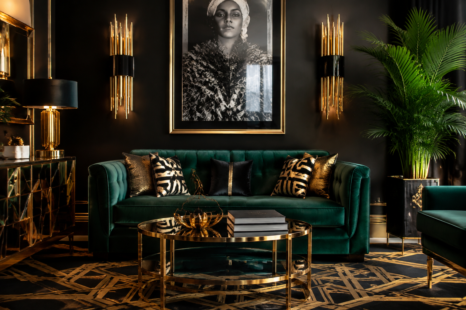 Art deco living room with gold accents and emerald velvet sofa