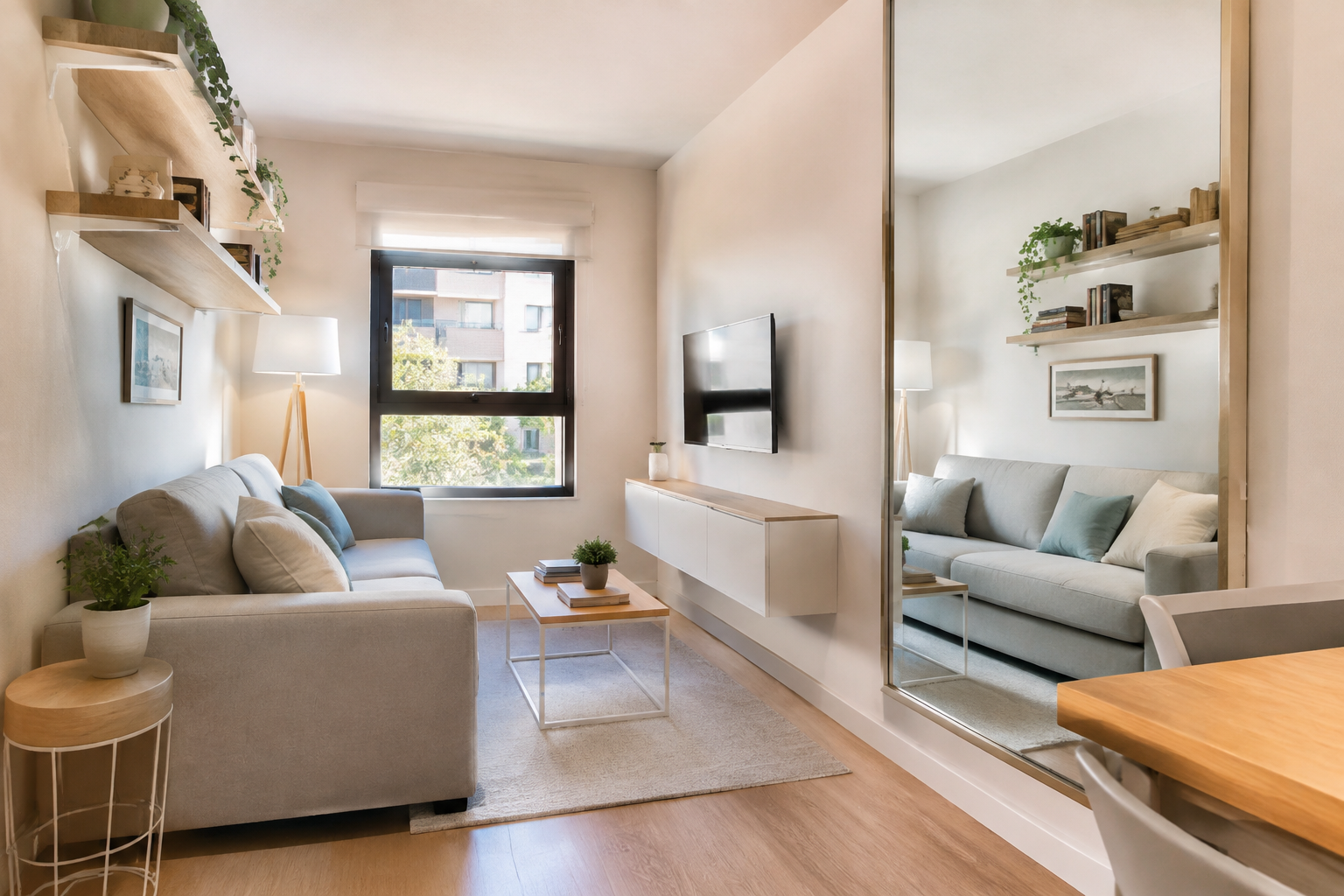 Small apartment living room with space-saving furniture and mirror