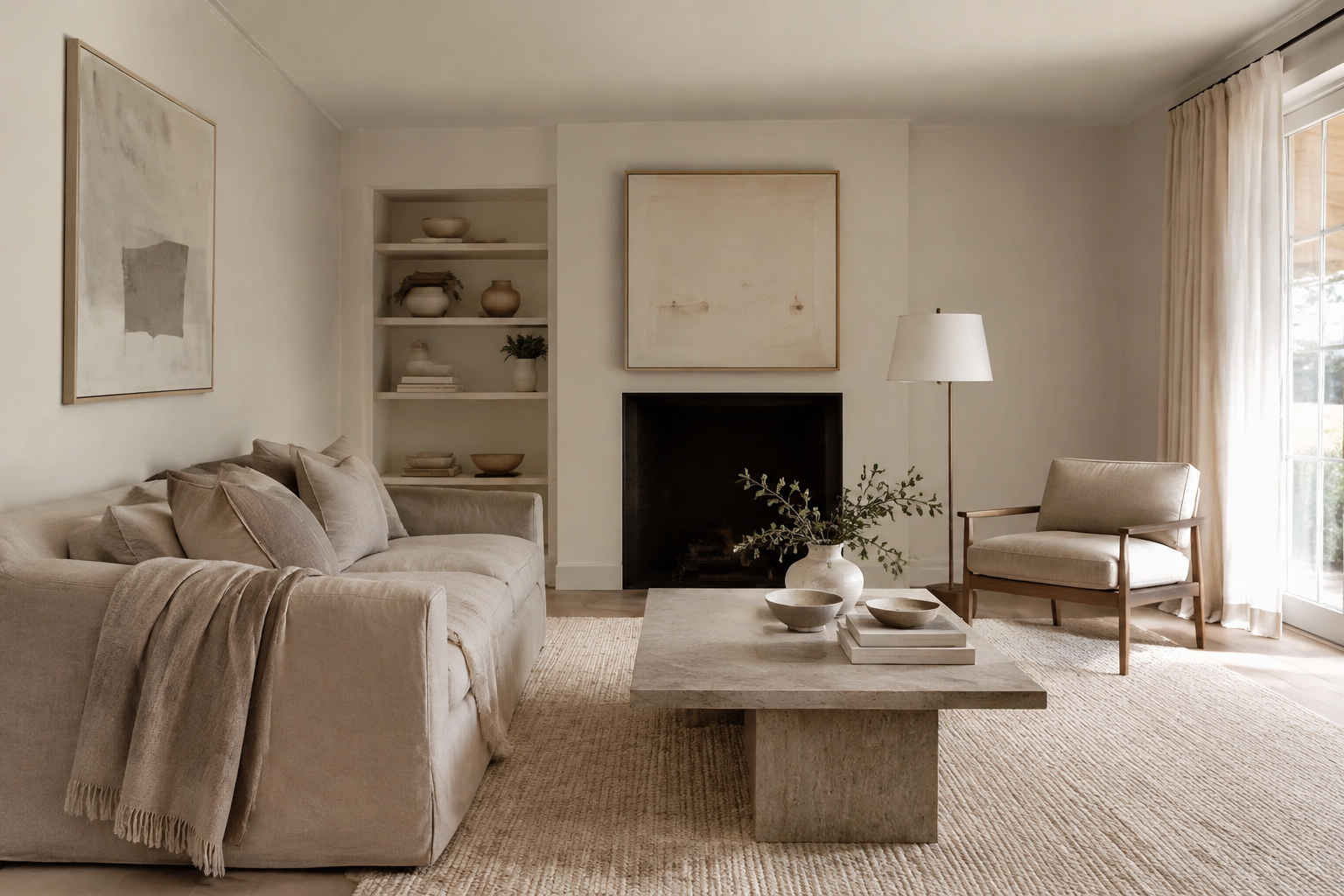 All-neutral living room in creams and beiges with textured linen sofa