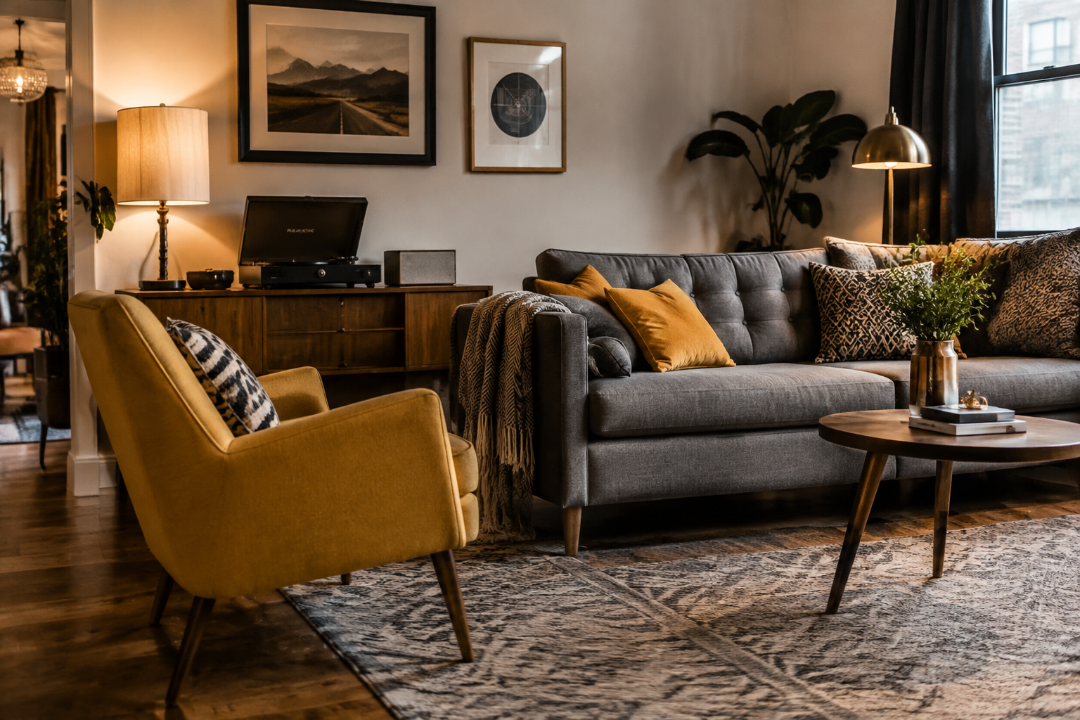 Living room with mustard yellow accent chair and pillows