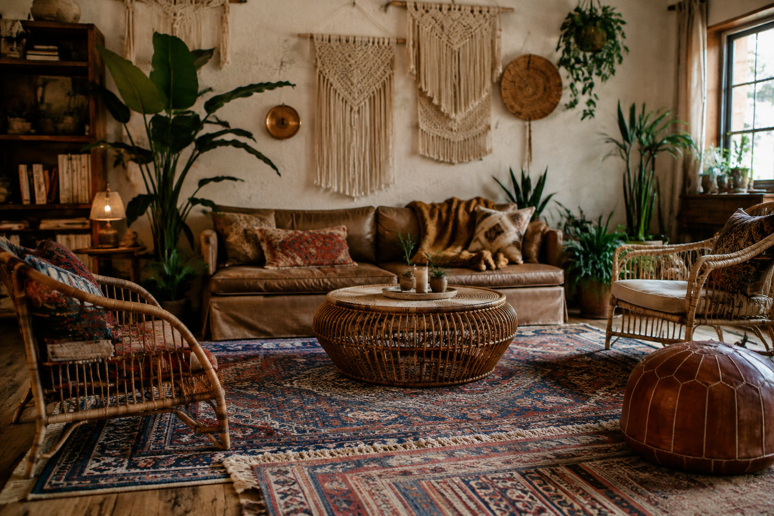 Bohemian living room with layered rugs, rattan furniture and plants
