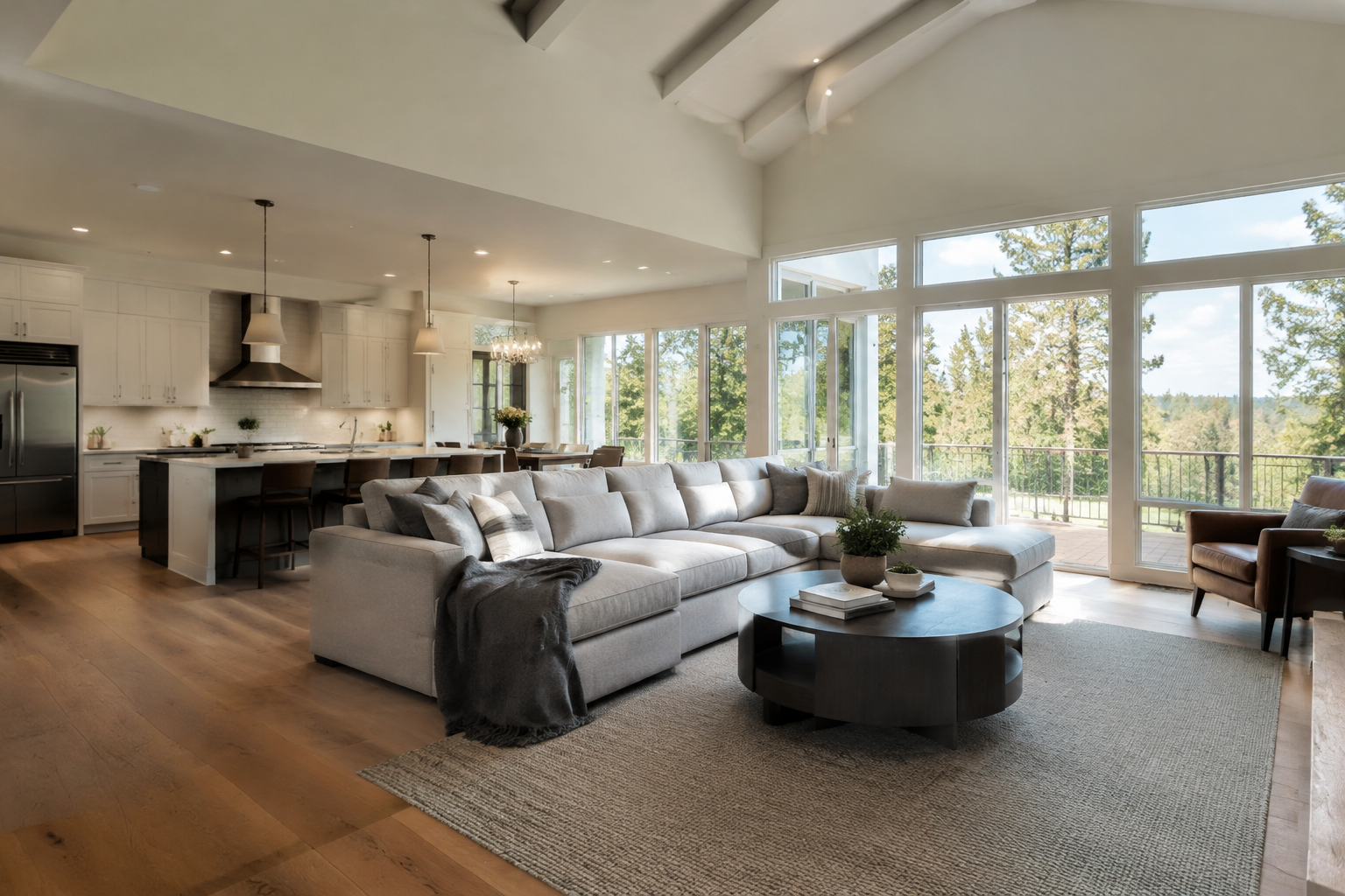 Open concept living room flowing into kitchen with high ceilings