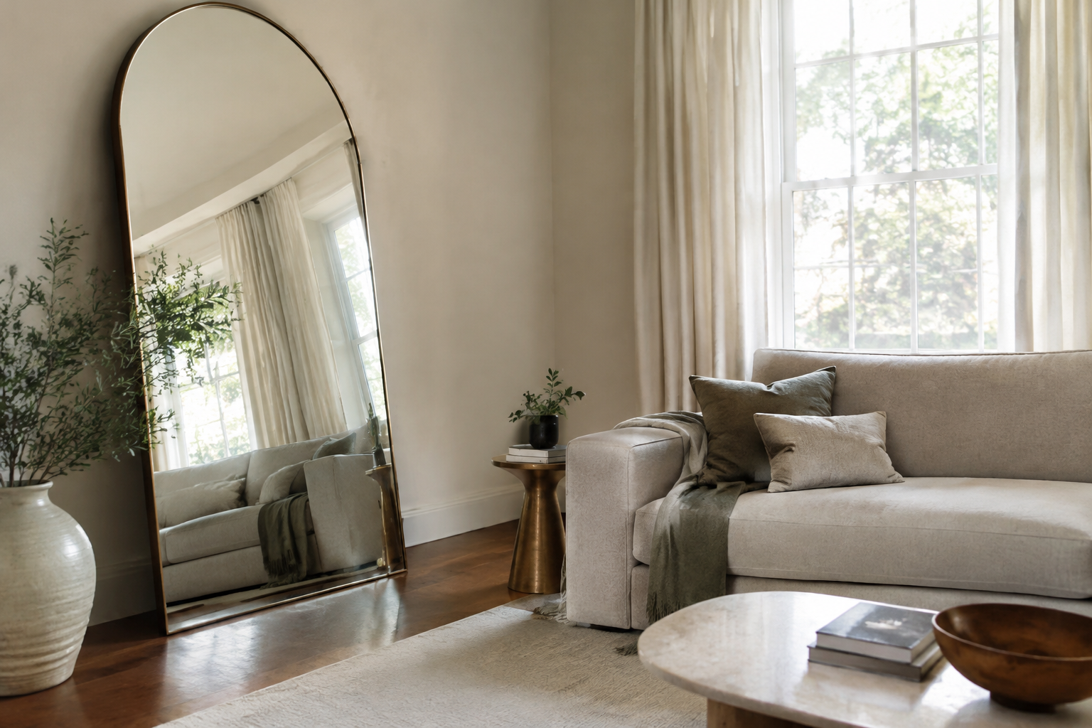 Living room with oversized arched floor mirror leaning on wall