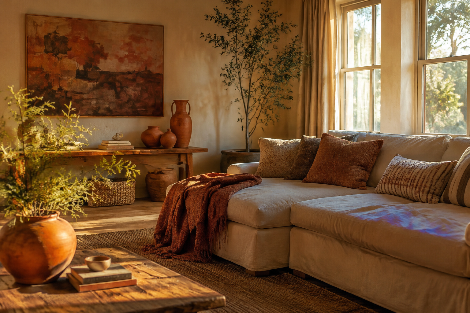 Living room with terracotta and rust accents and woven textiles