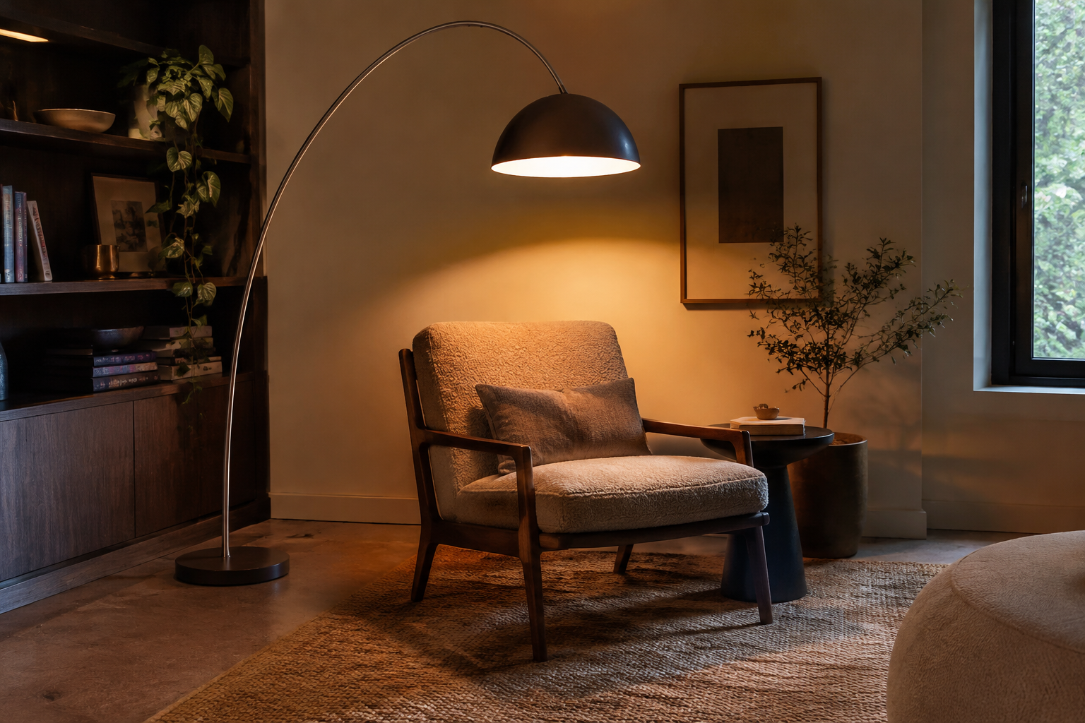 Living room with sculptural arc floor lamp over reading chair