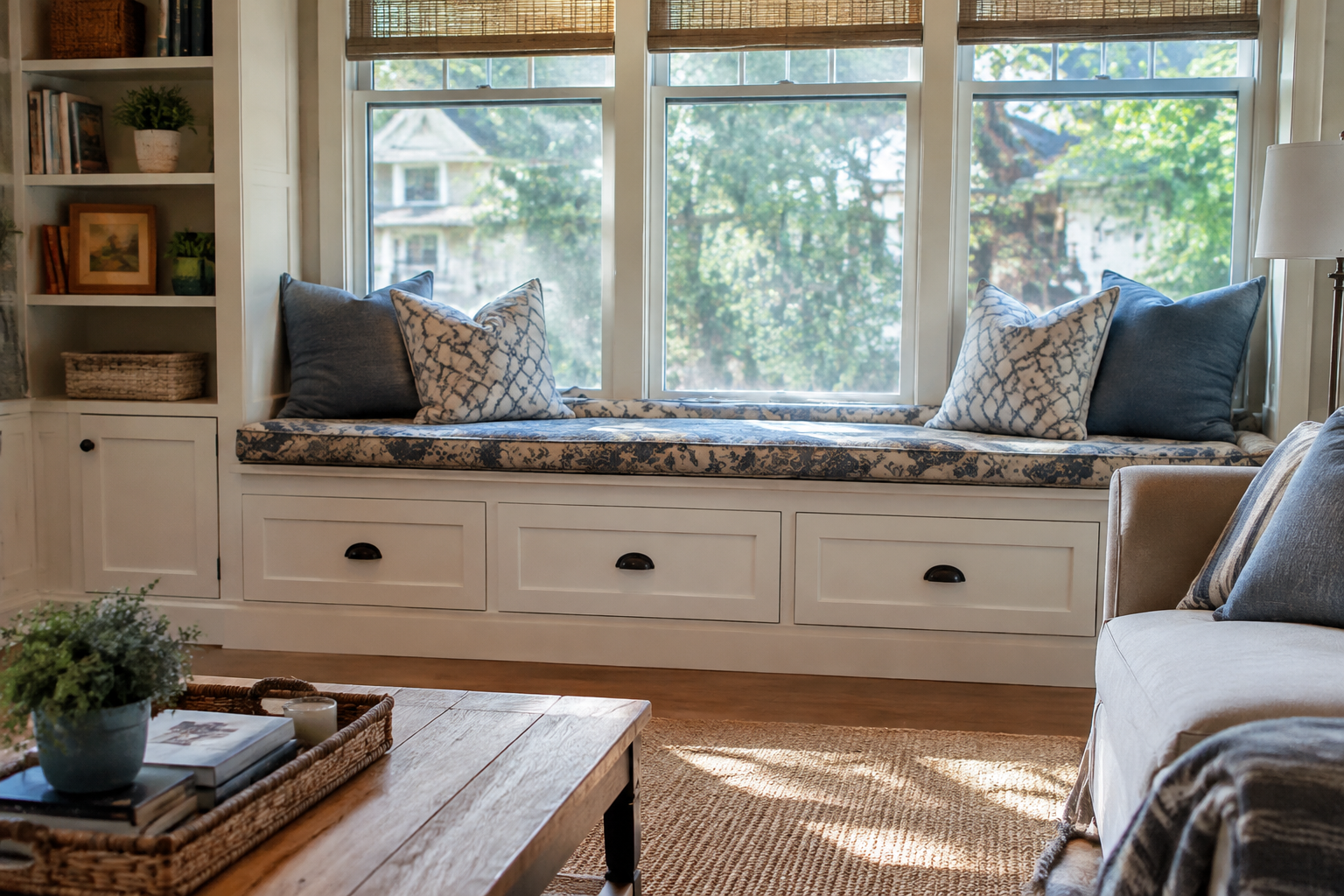 Living room with built-in window seat and patterned cushions