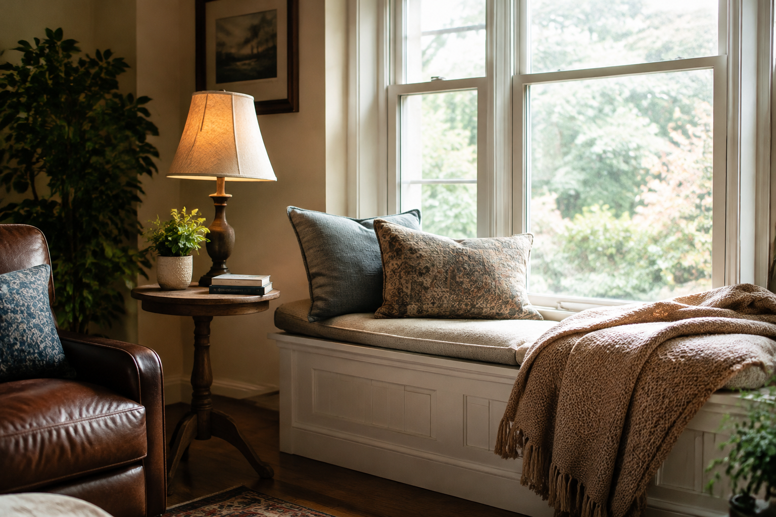 Cozy reading nook in living room with window seat and lamp
