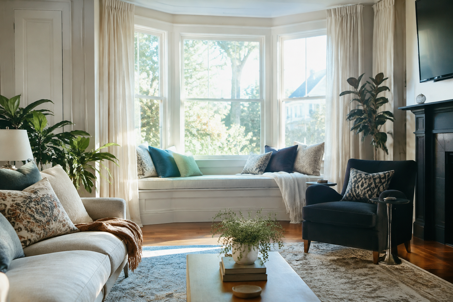 Living room with bay window and cushioned window seat