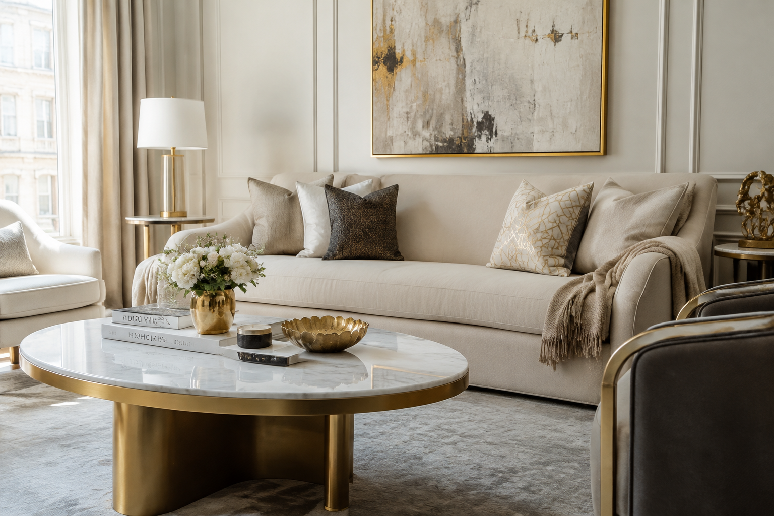 Living room with white marble coffee table and gold accents